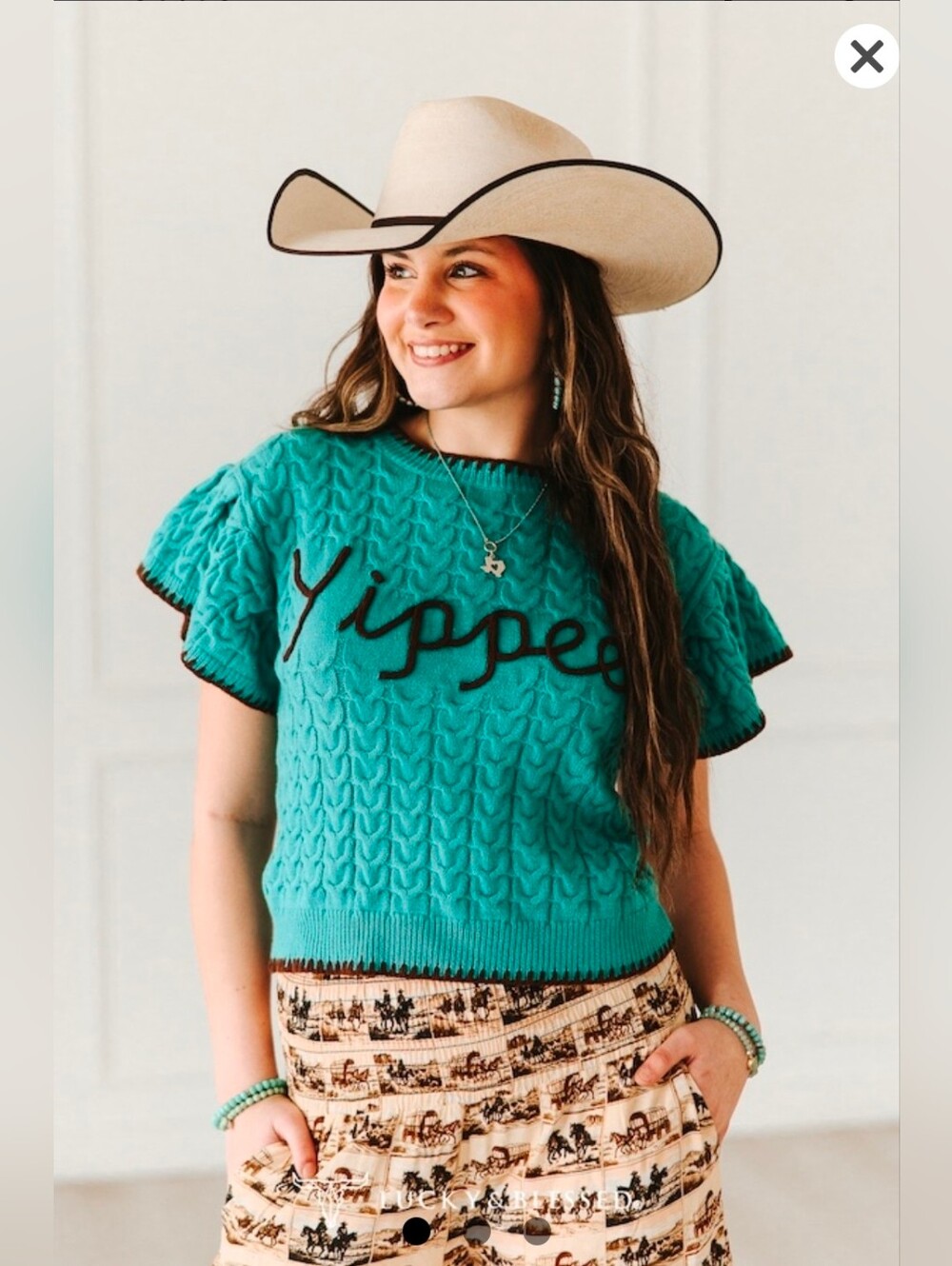NEW! Lucky & Blessed Teal 'Yippee' CableKnit Crop Sweater,Sz Sm/Med & Med/Lg,NWT
